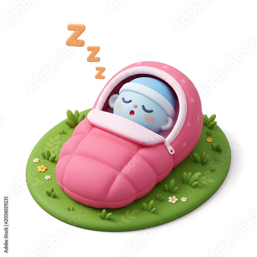 Cute baby sleeping inside a pink sleeping bag on grass