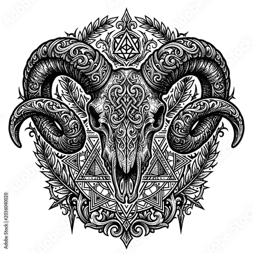 Fotografie Intricate Ram Skull Design Artwork.