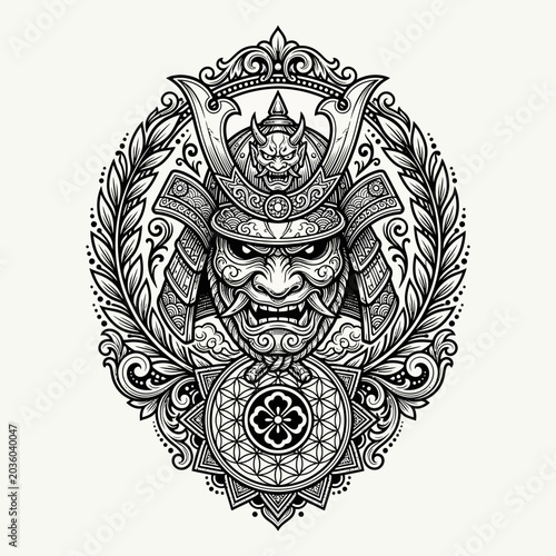 Tableau sur toile Samurai Warrior Helmet Japanese Illustration.
