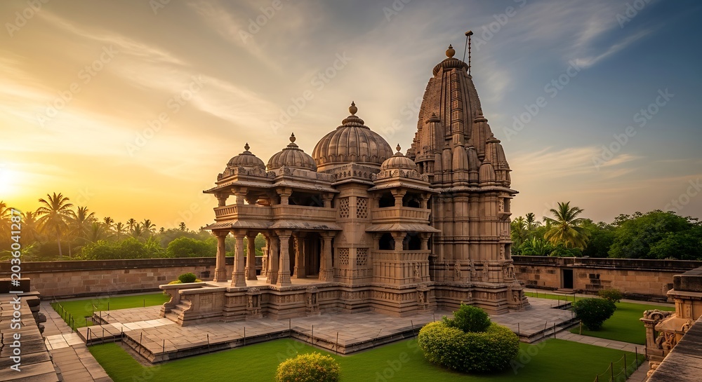 Fototapeta premium Magnificent Stone Temple Architecture Bathed in Golden Sunset Light, Showcasing Rich Cultural Heritage and Spiritual Grandeur