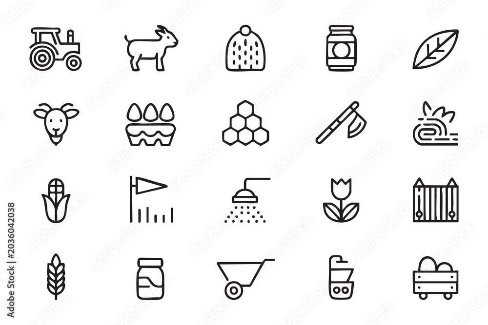 Fototapeta premium Rural Agriculture Outline Icons For Farm Market Branding