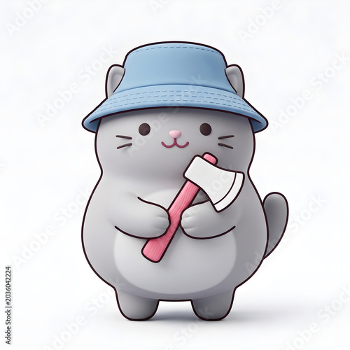 Small cartoon kitten wearing blue bucket hat holding hatchet
