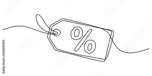 Continuous line drawing Discount, percentage, tag icon, line art, minimalist design, commercial symbol