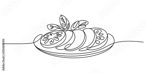 Minimalist line drawing of sliced fruit on plate, simple food illustration, black and white, one line art, modern aesthetic