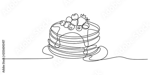 Continuous line drawing of pancakes with syrup and fruit, minimalist breakfast illustration, black and white food art, simple vector graphic