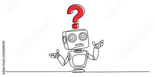 Continuous line drawing Confused robot, puzzled android, questioning illustration, line art
