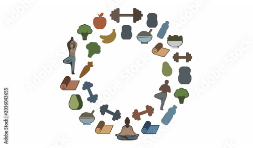 Yoga fitness exercise and healthy food wellness icons vector pack