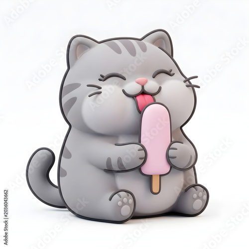 Cute cartoon kitten licking a sweet pink frozen ice popsicle