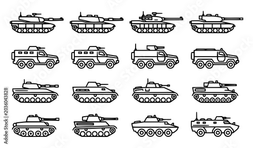 фотографія Military tank and armored vehicle outline icons isolated army vector set