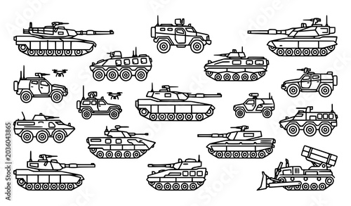 Foto Minimal army tank and combat armored vehicle line icon collection