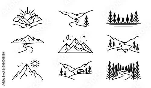 Valley landscape and mountain scenery outline icons nature vector set
