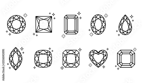 Schilderij op canvas Luxury outline diamond cut icons with sparkling gemstone shapes vector set