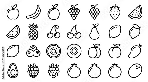 Variety of Fruit Icons Line Art.