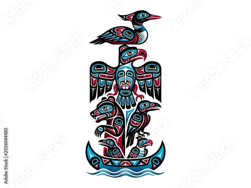 Foto Pacific Northwest Indigenous Totem Pole Art Illustration Featuring Eagle, Bear,