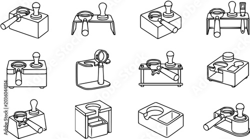 Tableau sur toile Black and White Line Art Icons of Coffee Portafilter and Tamper Holders for Bari