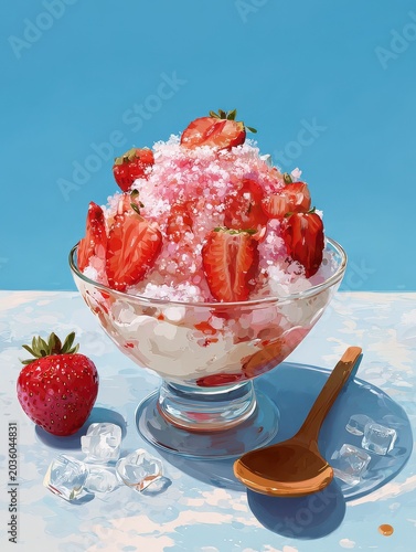 Overhead view of Korean strawberry bingsu, shaved ice with fresh fruit and condensed milk, on a pastel light background.