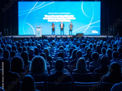 Business team presentation on stage at corporate conference with large digital screen and audience in dark auditorium
