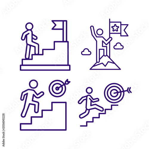 Business success icons: goal achievement and progress, isolated on transparent background