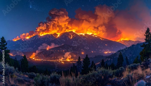 Massive Mountain Wildfire Burning at Night Under Dramatic Smoke Filled Sky