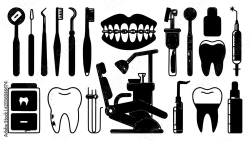 Bild auf Leinwand Dental tools and equipment collection black silhouette icons for healthcare prof
