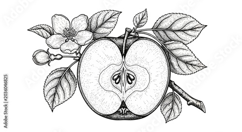 Hand Drawn Apple Half with Blossom and Leaves Botanical Illustration
