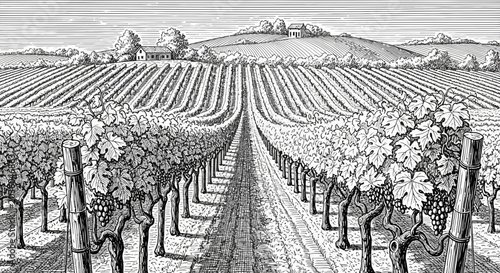 Engraved Illustration of a Vineyard Landscape with Grapevines