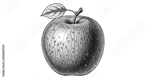 Detailed Hand Drawn Ink Sketch of a Fresh Apple with Leaf