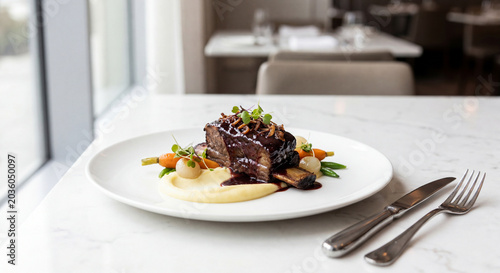 Braised beef short rib with glossy red wine reduction creamy potato puree baby vegetables fine dining