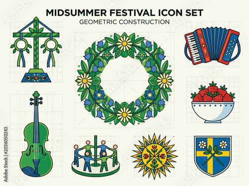 Swedish Midsummer Festival Icon Set - Geometric Line Art Illustrations of Midsommarstång, Flower Wreath, Accordion, Violin, and Traditional Folk Symbols
