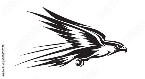 Cuadro en lienzo Dynamic falcon silhouette with aerodynamic speed line contours, black and white
