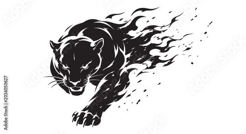Konstfotografi Fierce black panther silhouette dissolving into smoke particles and sharp lines,