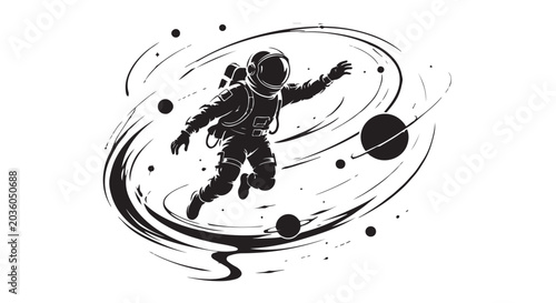 Photos Futuristic black astronaut silhouette floating through abstract orbital vortex l