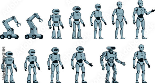 Evolution of Robots Icon Set Illustrating Progress from Industrial Robotic Arms to Advanced Humanoid Androids for Technology and Automation Vector Designs