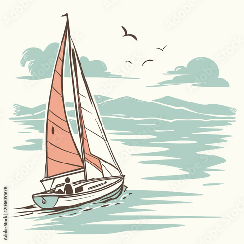 Tableau sur toile Minimalist Hand Drawn Sailing Boat on Blue Sea with Mountain Background