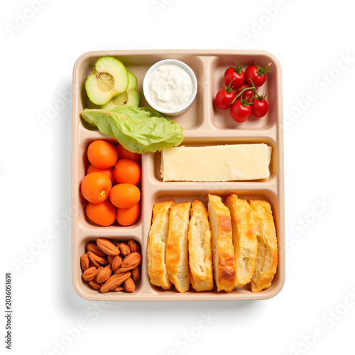 healthy school lunchbox with snacks isolated on white