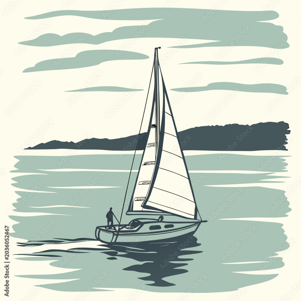 Fototapeta premium Sailing Yacht on Calm Sea with Mountain Background Vintage Vector Illustration