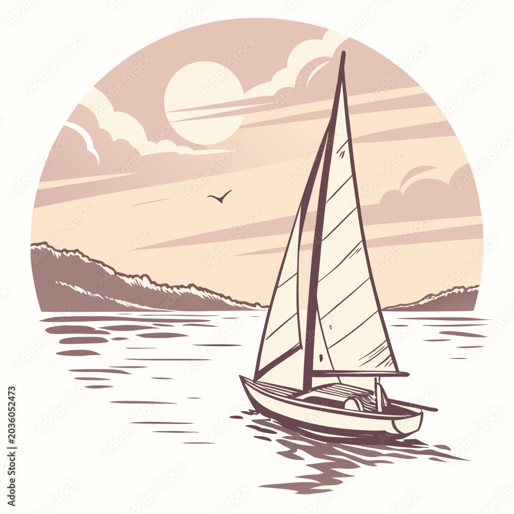 Fototapeta premium Sailing yacht on calm water at sunset with mountain background vector illustration