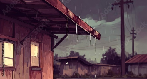 Rainy Evening in a Quiet Village Anime Scene.