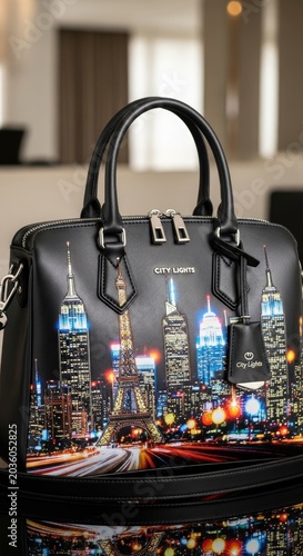 Stylish Black Handbag with Cityscape Design.