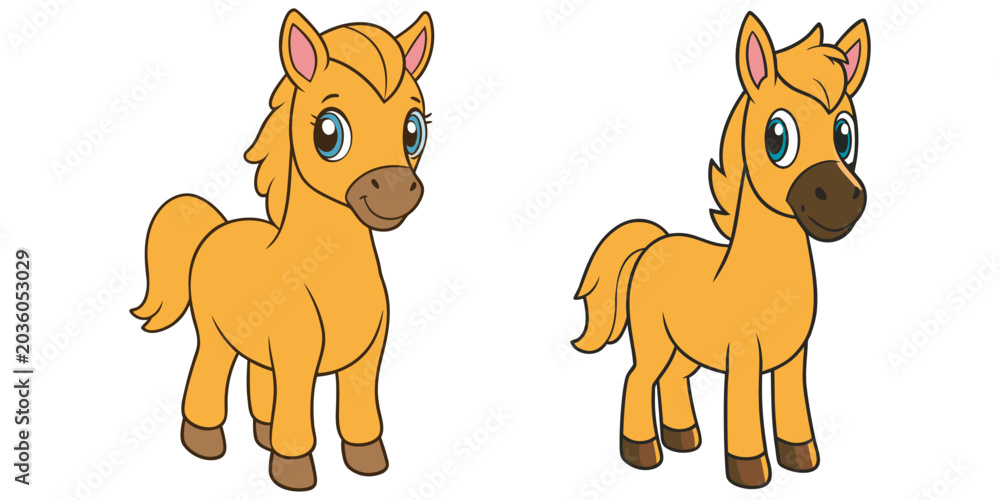 Fototapeta premium Cute cartoon pony characters with brown and orange coat.