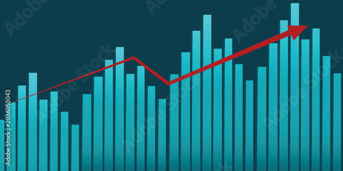 Cuadro en lienzo A vibrant teal bar chart displaying fluctuating data points with an overlaying red line graph showing a clear upward trend and growth