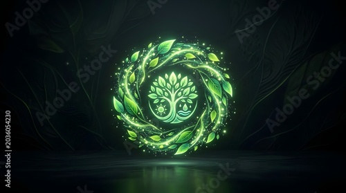 A glowing green tree surrounded by leaves in a dark room with a swirling pattern on the floor and walls image-042