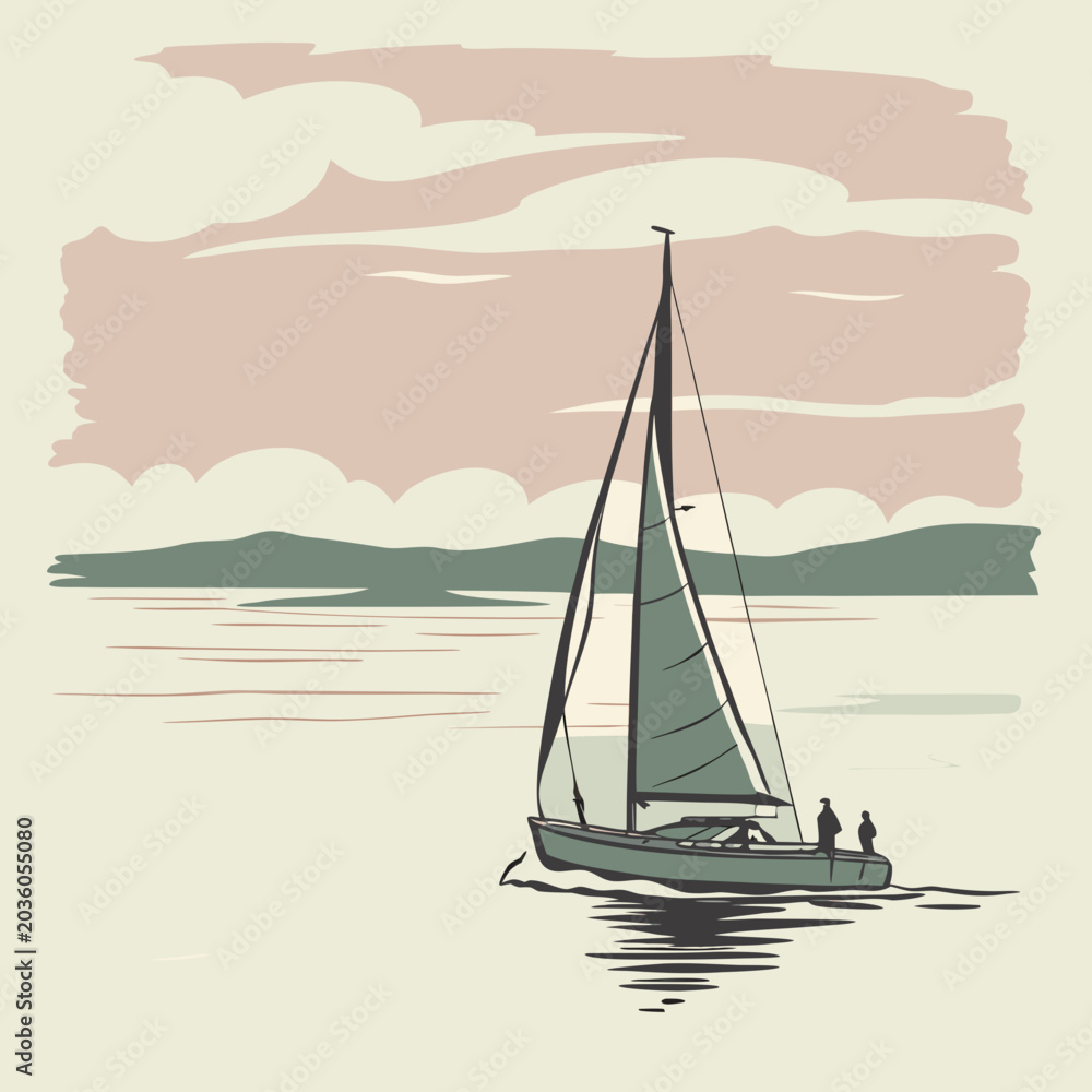 Fototapeta premium Vintage Minimalist Vector Illustration of a Sailboat on Calm Water