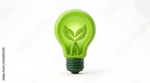 A green lightbulb with a leaf design stands on a white surface indoors.