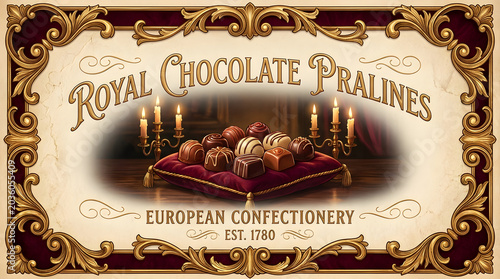 A luxurious label for Royal Chocolate Pralines, a European confectionery established in 1780