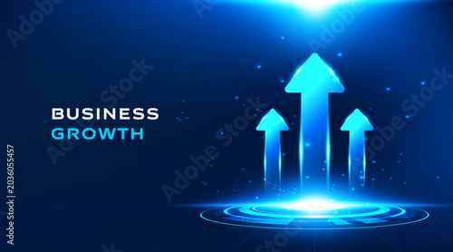 Business growth arrow vector background from glowing digital podium for presentation.Dark blue futuristic technology concept banner with rising neon light effect elements.