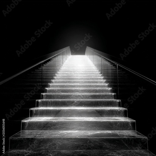 glass stairway to heaven, black background, front view, clipart, black and white.