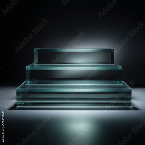 3 steps made of glass, black studio background with rim light, front view