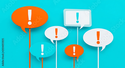 Colorful exclamation mark speech bubbles representing communication and alerts with exclamation communication attention announcement dialogue information feedback noticeable interaction