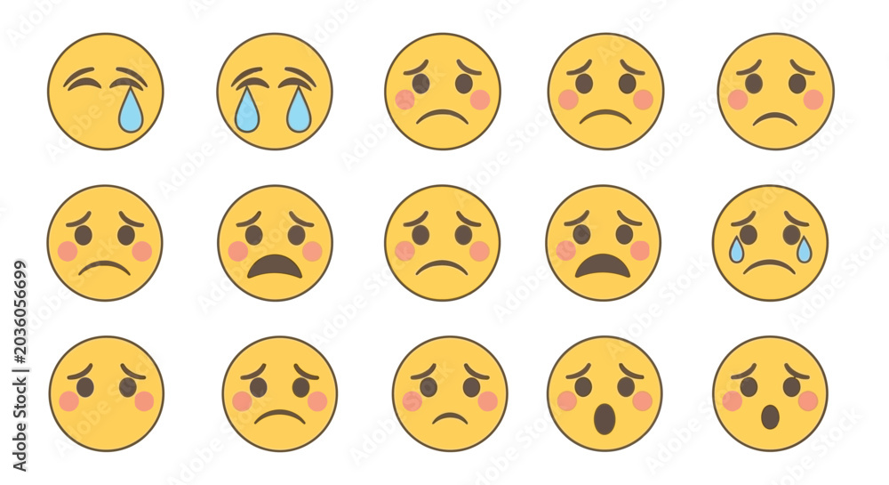 Fototapeta premium Sad emoji faces collection representing various emotional expressions